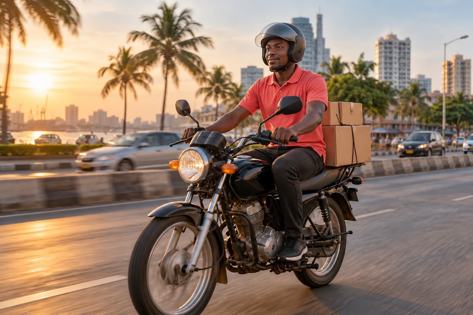 A boda boda rider carrying deliveries through Dar es Salaam